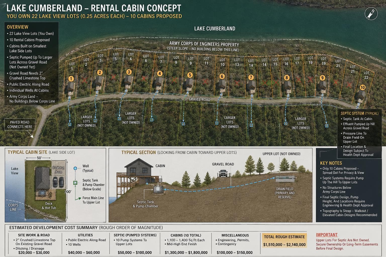 Lake Cumberland — 10-cabin concept, gravel access road